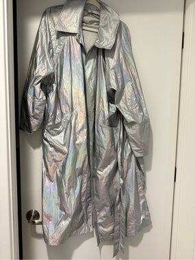 Zara Iridescent Silver Holographic Trench